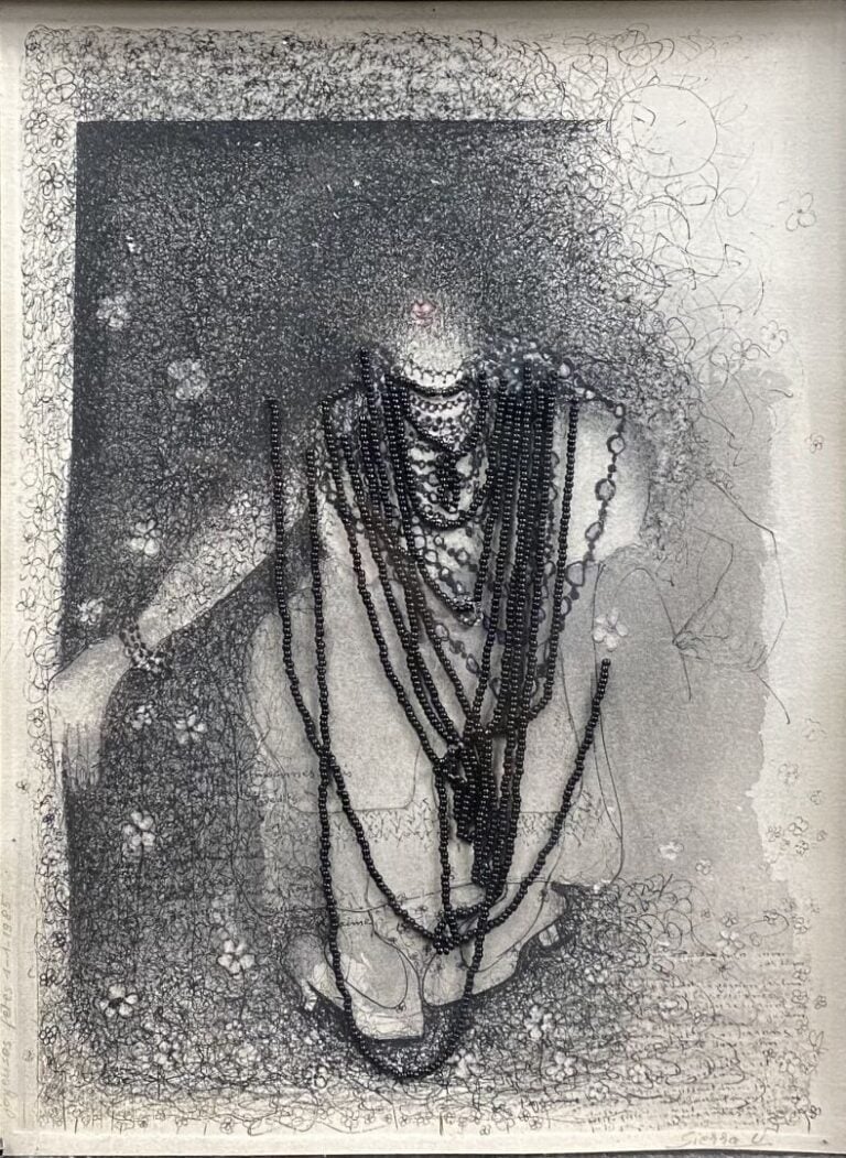 V. SIERRA - Deux gravures encadrées et une composition sur toile de jute - Dim.…