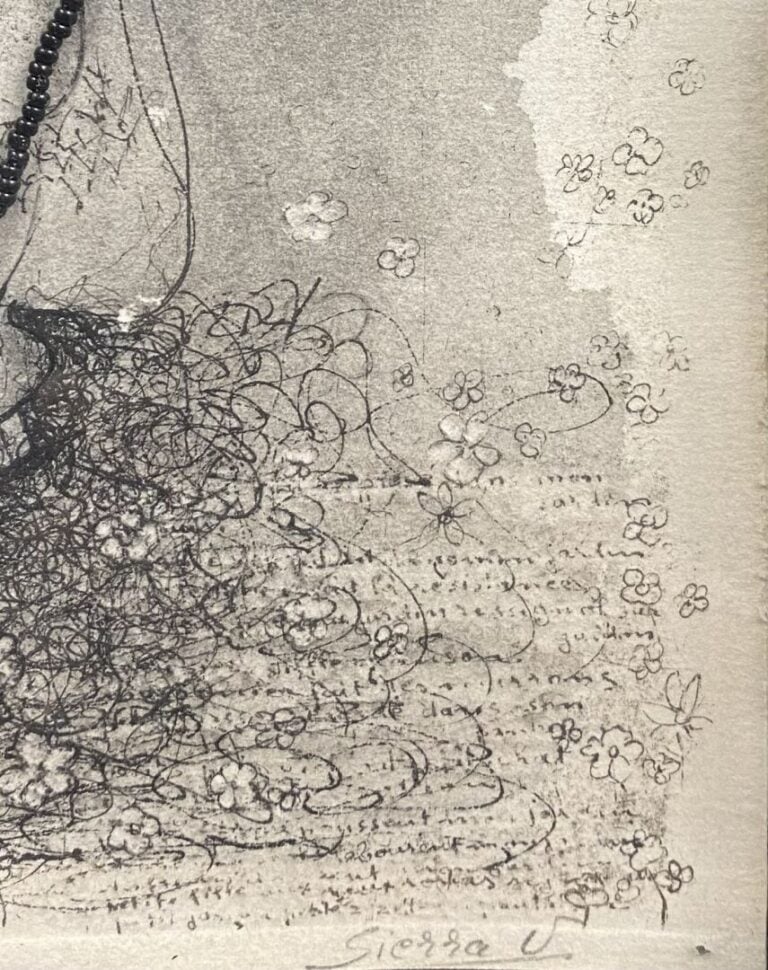 V. SIERRA - Deux gravures encadrées et une composition sur toile de jute - Dim.…