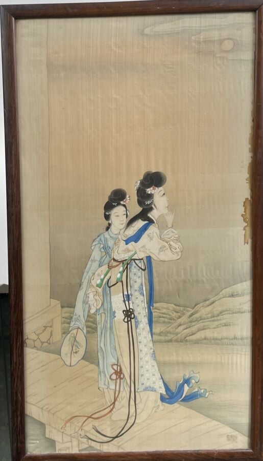 Deux encres sur soie - Environ 80 x 40 cm. - (MOUILLURES,PIQURES) - (LES LOTS S…