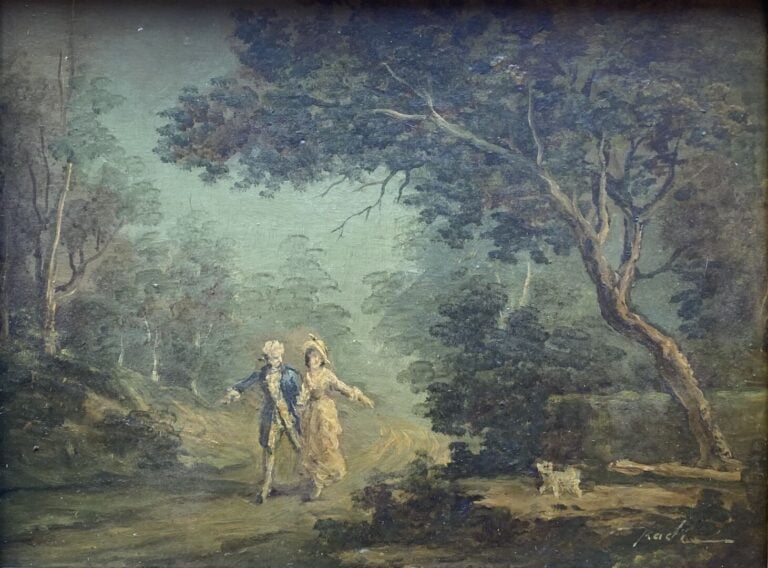 Ecole de début de XXe siècle - Promeneurs dans un sous bois - Huile sur panneau…