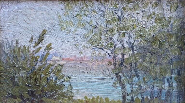 Ecole probablement Suisse fin XIXe siècle ? - Vue d'un lac - Huile sur panneau…
