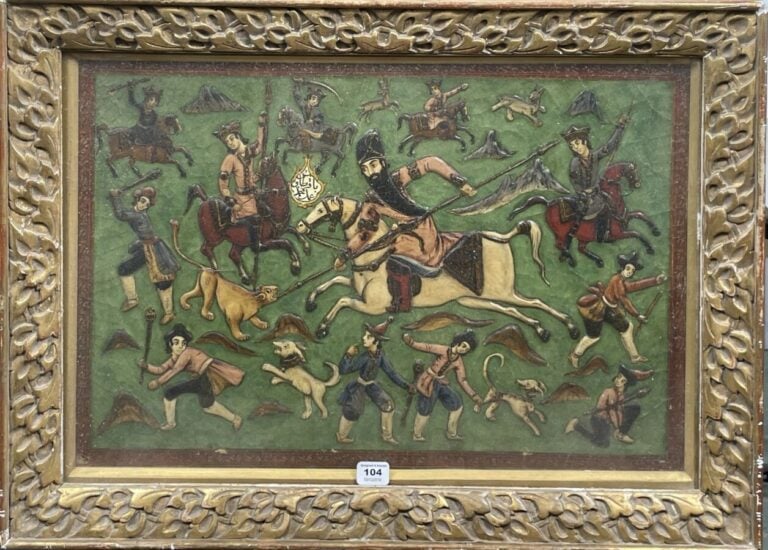 Fath Ali Shah à la chasse Panneau en papier mâché peint en polychromie et laqué…
