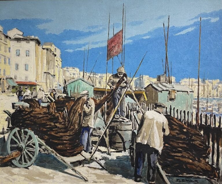 François OMER (1885-1950) - Pêcheurs sur le port du sud de la France - Huile su…