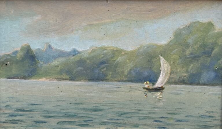 Mannette d'environ 10 tableaux et divers sur le thème de bord de mer, campagne,…