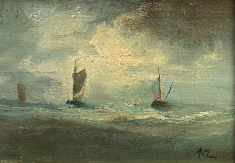 Mannette d'environ 10 tableaux et divers sur le thème de bord de mer, campagne,…