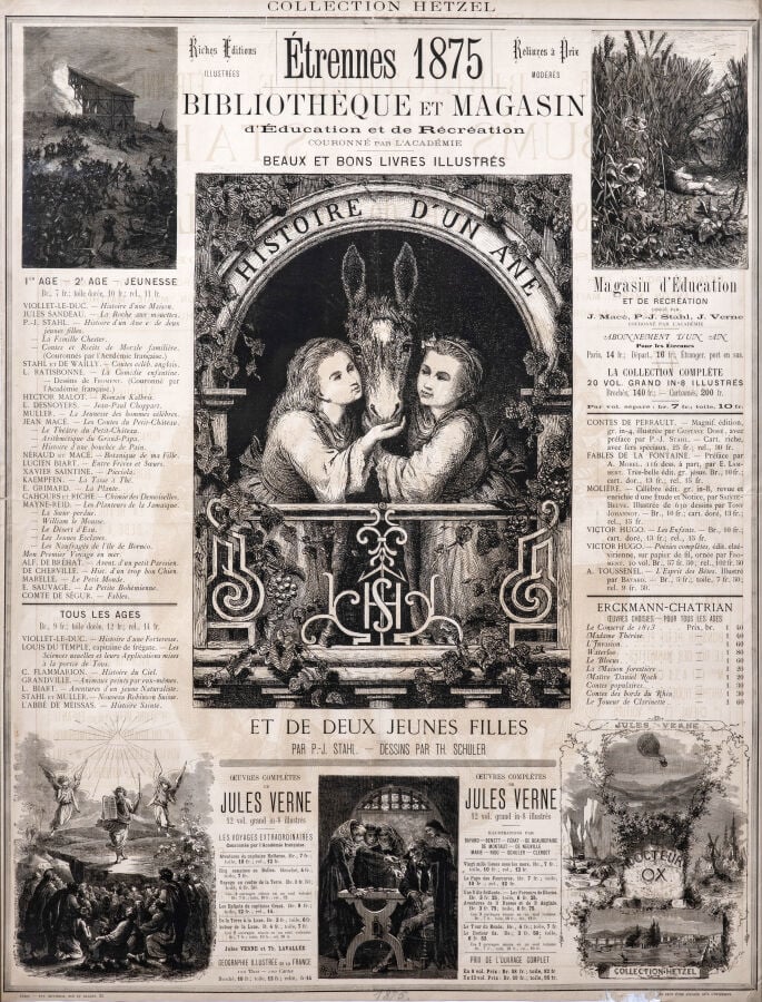 Affiche Hetzel pour les Étrennes 1875 dite à « L'Histoire de l'âne ». Illustrat…