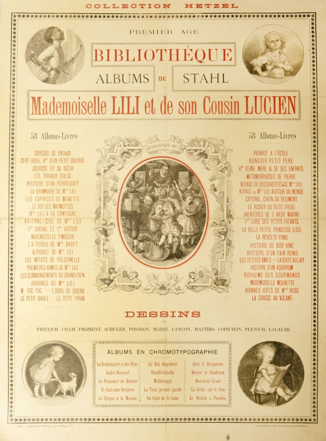 Affiche Hetzel pour les Étrennes 1877 dite « Chez le libraire » / « Bibliothèqu…