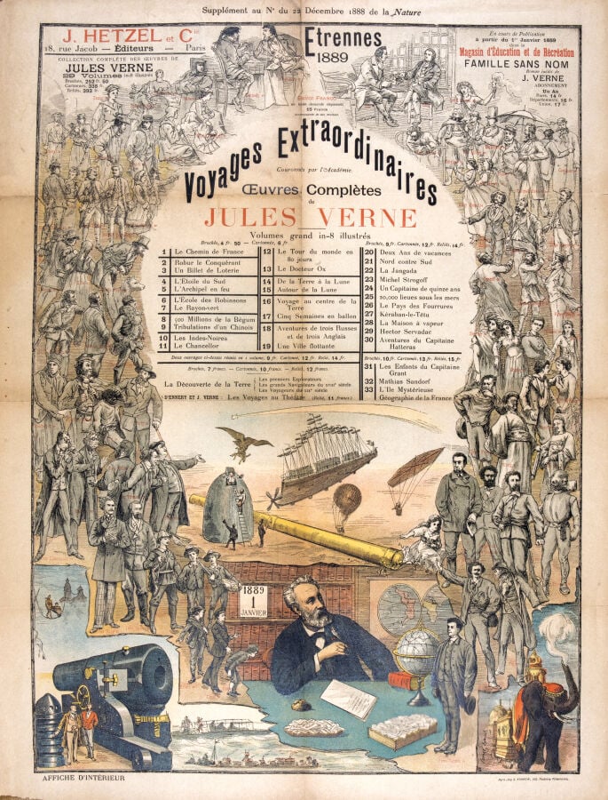 Affiche Hetzel pour les Étrennes 1889 dite « Le Songe de Jules Verne ». Dessin…