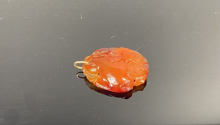 Chine - Pendentif en agate cornaline sculptée formant une fleur, feuillages et…