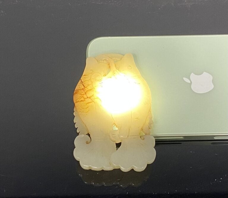 Chine - Pendentif en jade sculpté légèrement rouille représentant l'emblême bou…