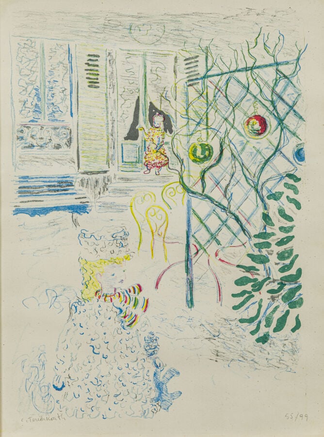 Constantin TERECHKOVITCH (1902-1978) - Deux filles devant maison - Lithographie…