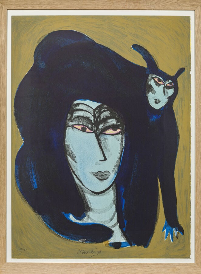CORNEILLE (1922-2010) - Femme au chat, - Lithographie en couleurs sur vélin, si…