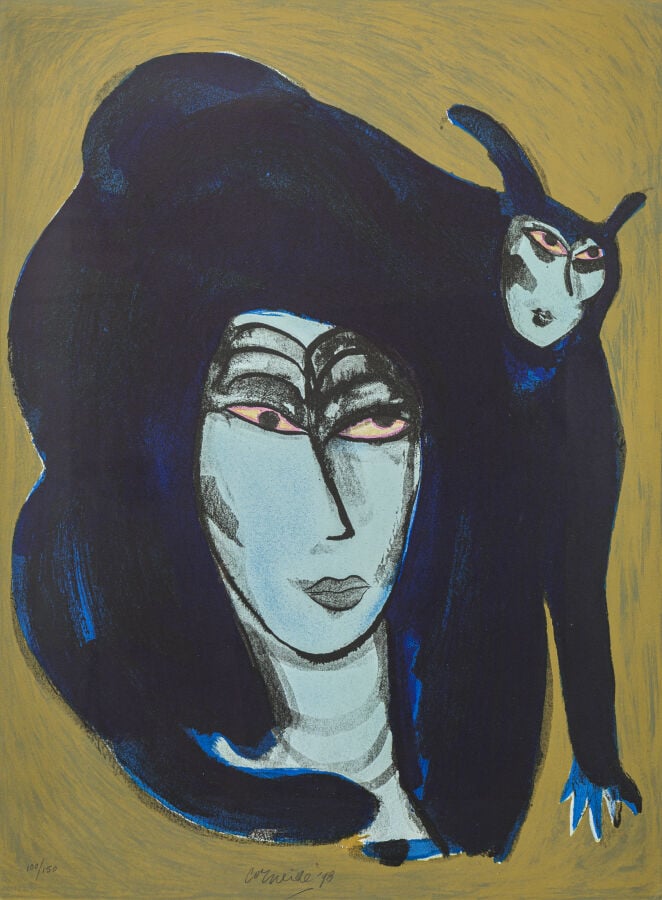 CORNEILLE (1922-2010) - Femme au chat, - Lithographie en couleurs sur vélin, si…