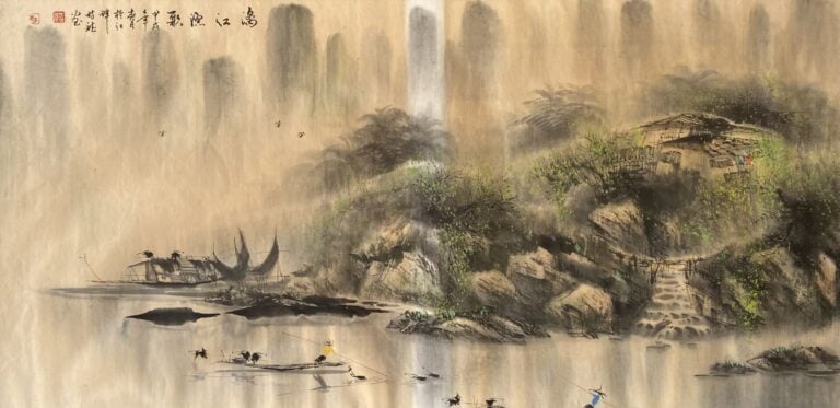 Ecole chinoise - Barques sur un fleuve - Gouache sur papier - Cachets et callig…
