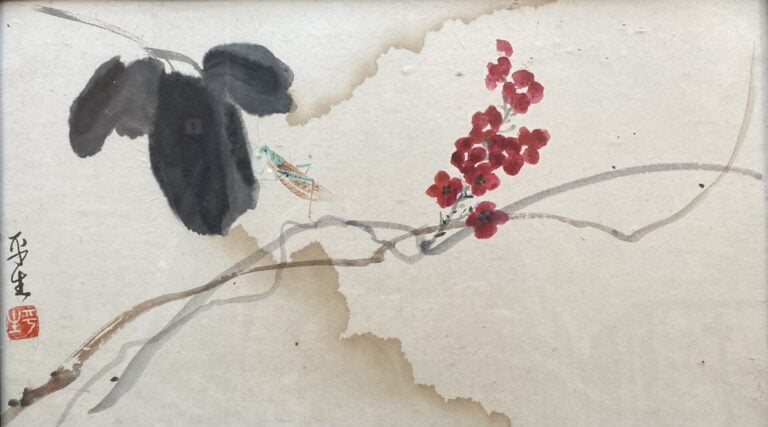 Ecole chinoise - Branchages fleuris, papillon et sauterelle - Encre sur papier…
