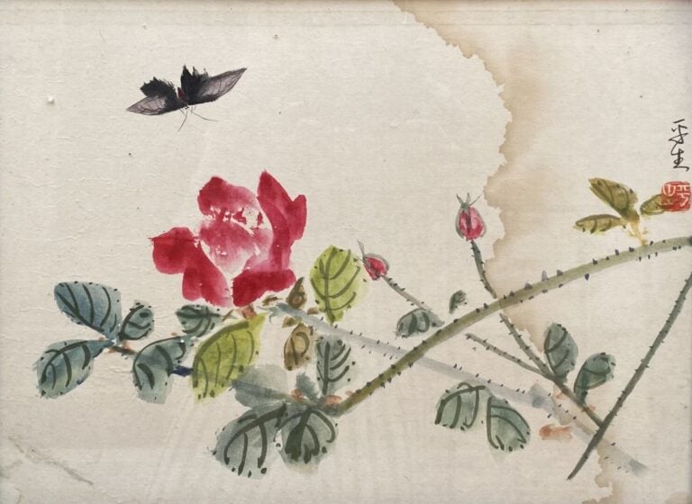 Ecole chinoise - Branchages fleuris, papillon et sauterelle - Encre sur papier…