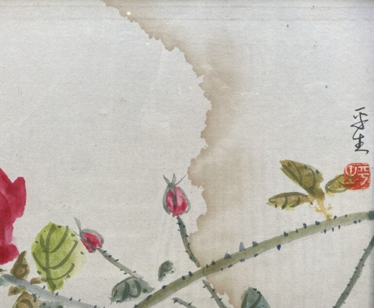 Ecole chinoise - Branchages fleuris, papillon et sauterelle - Encre sur papier…