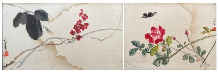 Ecole chinoise - Branchages fleuris, papillon et sauterelle - Encre sur papier…