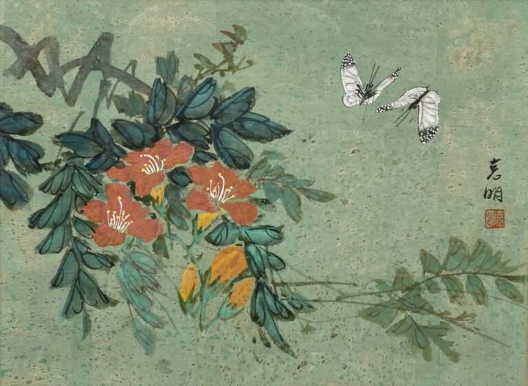 Ecole chinoise - Papillons et branchages fleuris - Deux techniques mixtes - Cac…