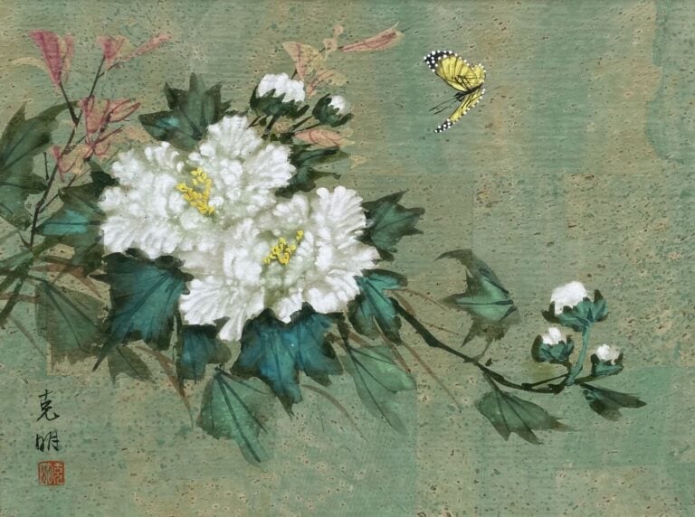 Ecole chinoise - Papillons et branchages fleuris - Deux techniques mixtes - Cac…
