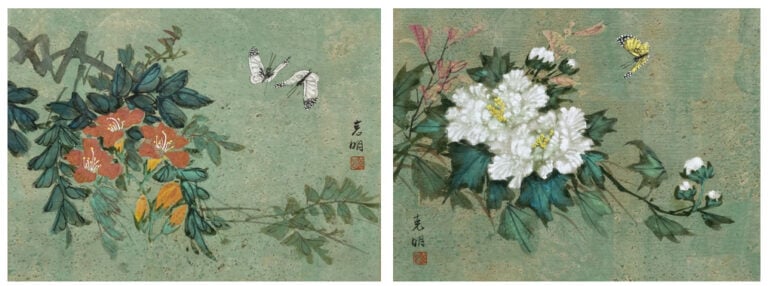 Ecole chinoise - Papillons et branchages fleuris - Deux techniques mixtes - Cac…