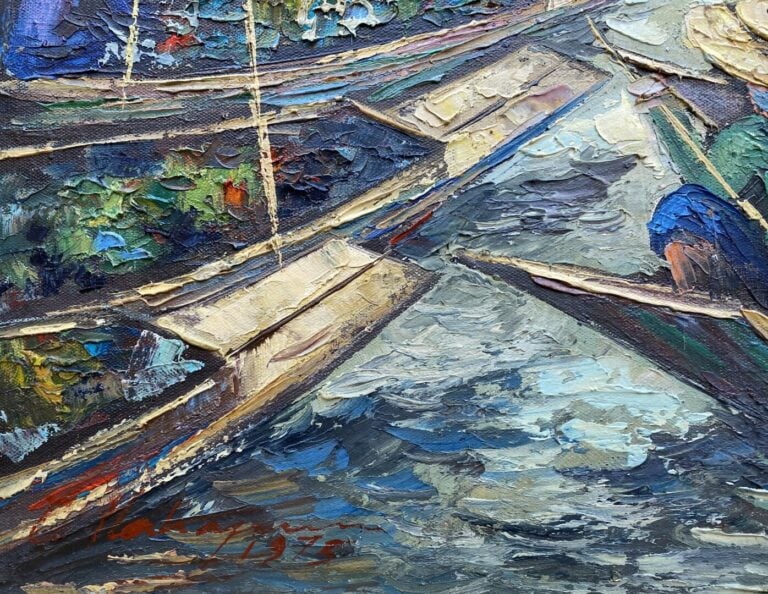 Ecole du Sud-est asiatique - Marché flottant - Huile sur panneau - Signé en bas…