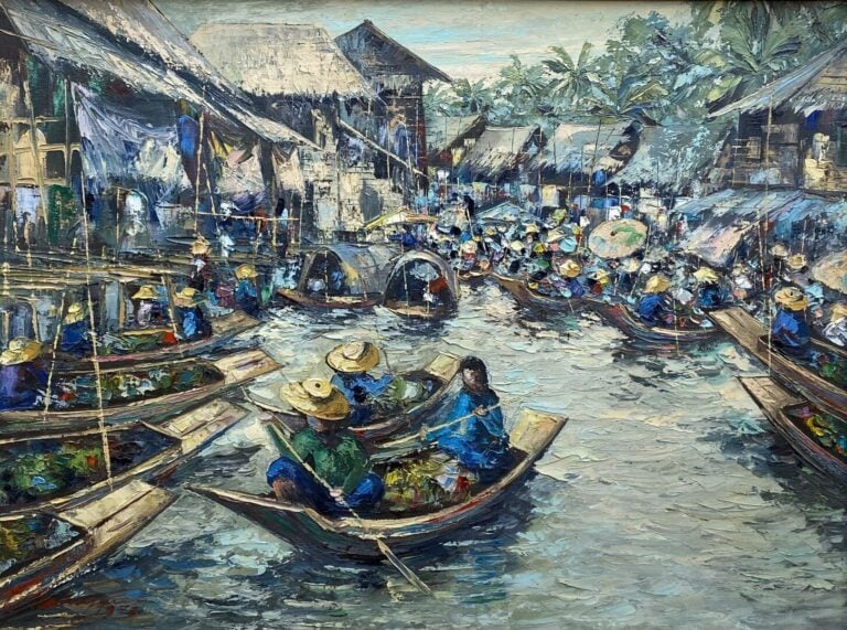 Ecole du Sud-est asiatique - Marché flottant - Huile sur panneau - Signé en bas…