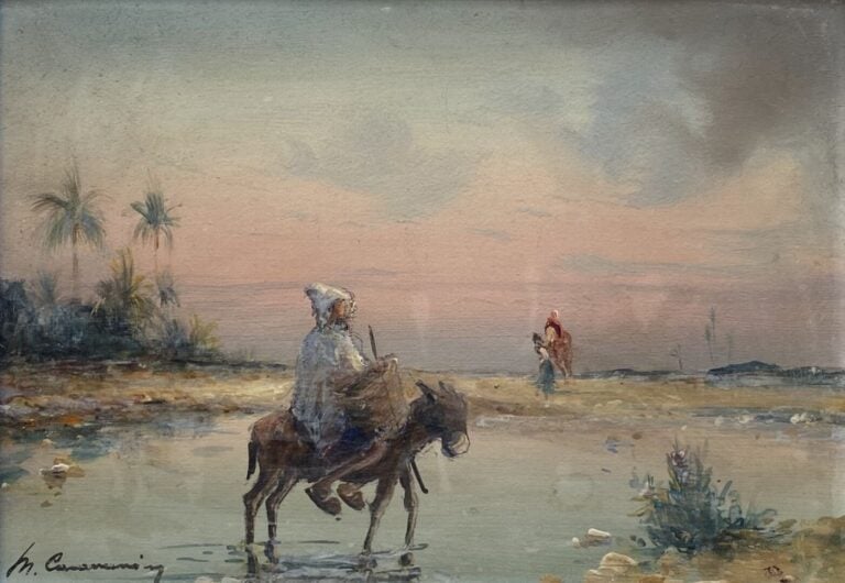 Ecole orientaliste du XXe siècle - Oasis et bédouin sur un âne - Ensemble de de…
