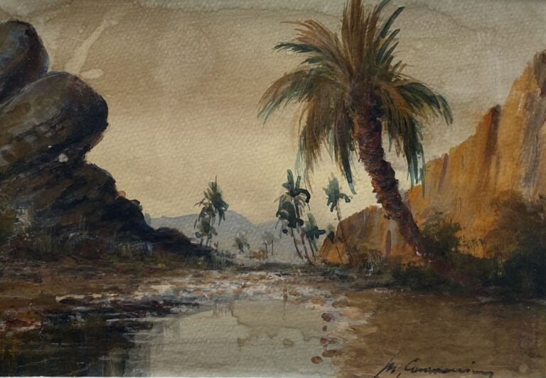 Ecole orientaliste du XXe siècle - Oasis et bédouin sur un âne - Ensemble de de…