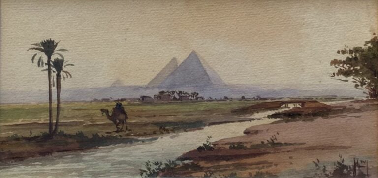 Ecole orientaliste - Vue des dahabiyas sur le Nil et Vues sur les pyramides de…