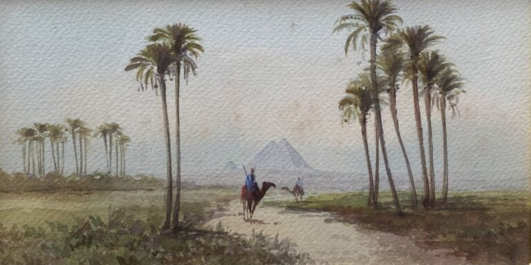 Ecole orientaliste - Vue des dahabiyas sur le Nil et Vues sur les pyramides de…