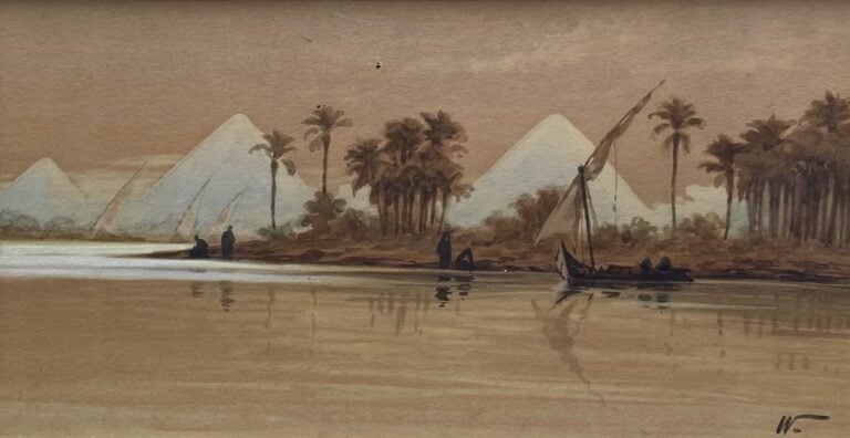 Ecole orientaliste - Vue des dahabiyas sur le Nil et Vues sur les pyramides de…