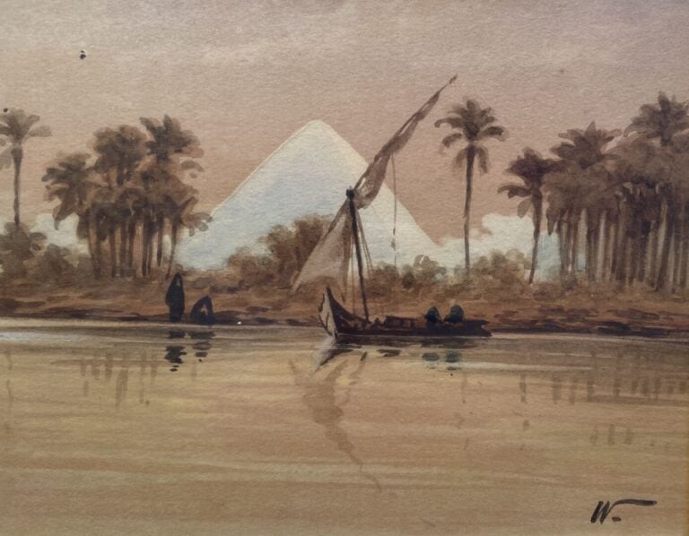 Ecole orientaliste - Vue des dahabiyas sur le Nil et Vues sur les pyramides de…