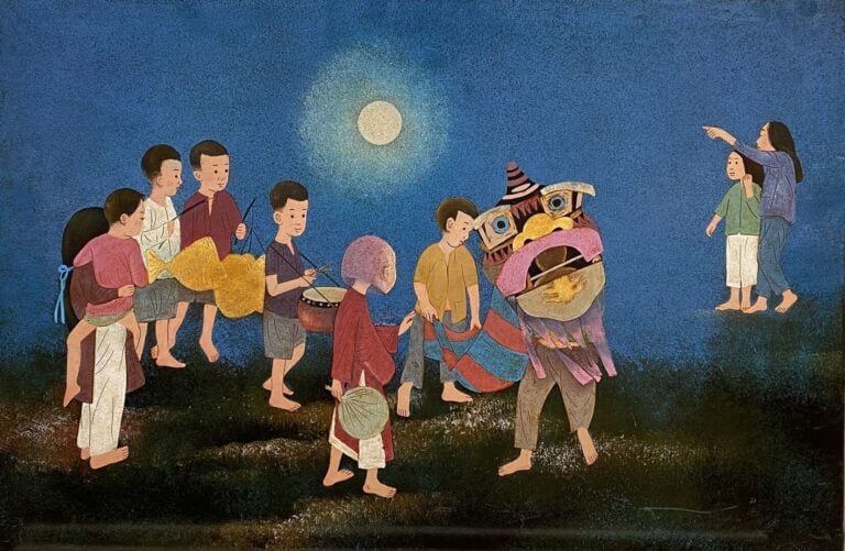 Ecole vietnamienne - Enfants jouants sous un clair de lune - Procédé sur pannea…