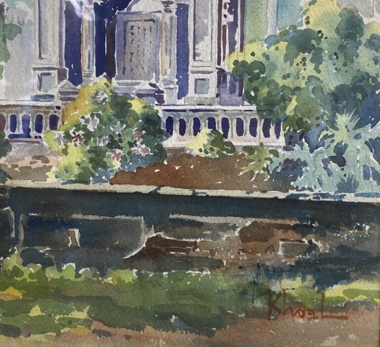 Ecole vietnamienne - Entrée de temple - Aquarelle - Signée en bas à droite KHOE…
