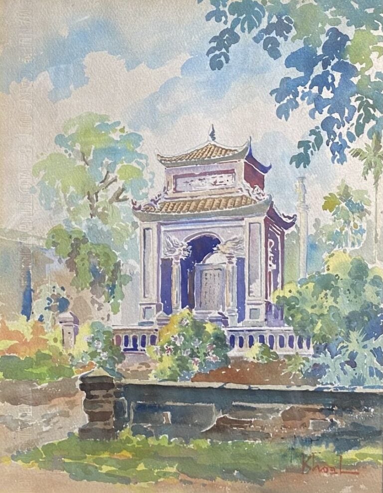 Ecole vietnamienne - Entrée de temple - Aquarelle - Signée en bas à droite KHOE…