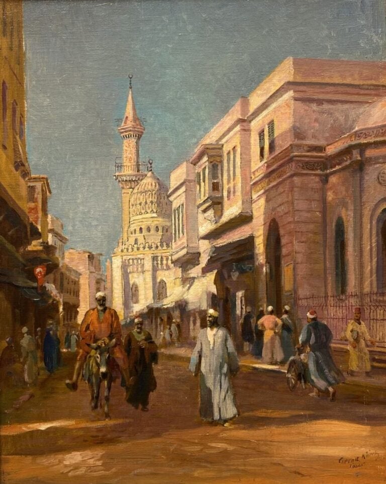 Ecole XXe siècle - Ruelle animée au Caire - Huile sur toile - Porte une trace d…