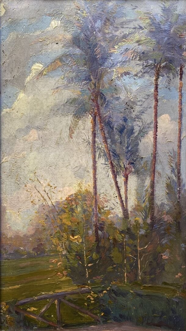 Ecole XXe siècle - Vue d'un pont sous les palmiers - Huile sur toile marouflée…