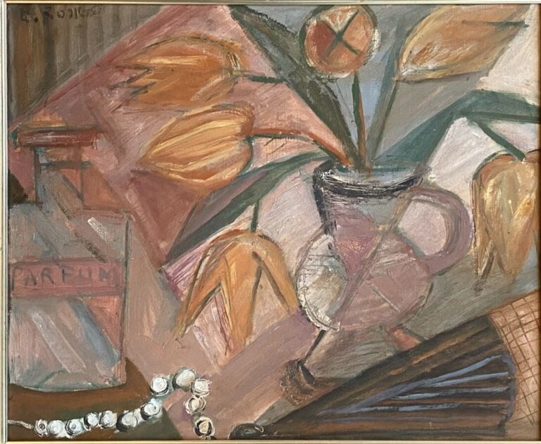 Elisabeth RONGET ( 1899-1980) - Nature morte aux fleurs et à la bouteille de pa…
