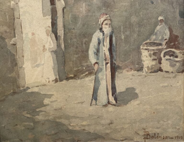 J BALDASAR - Scène animée de personnages avec vue sur la grande mosquée. - Aqua…