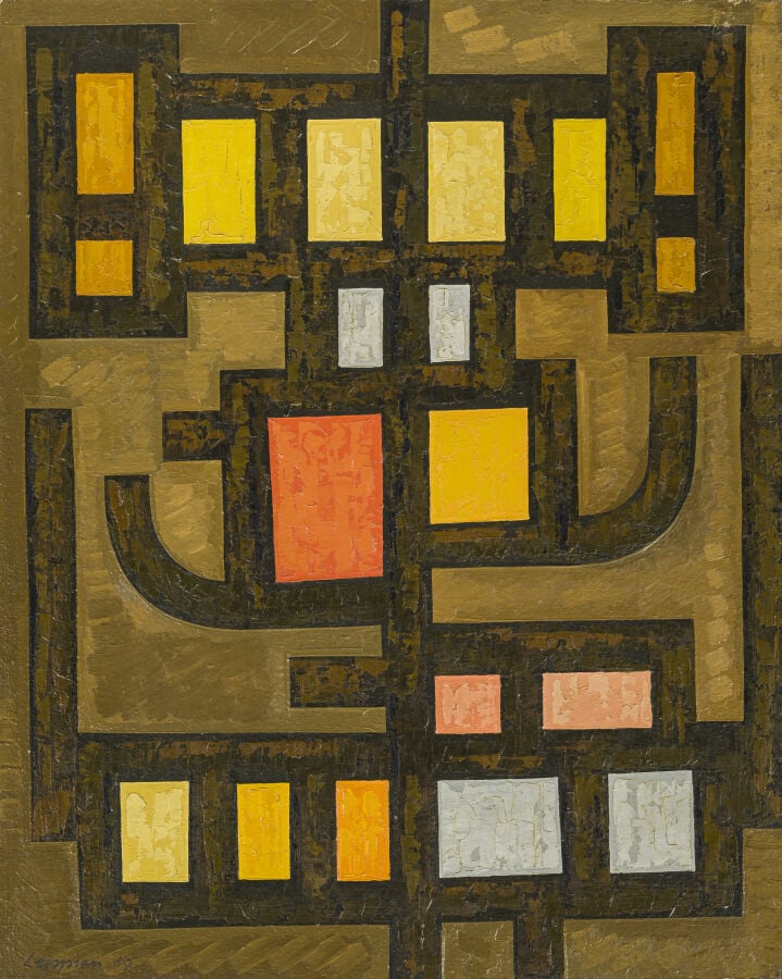 JEAN LEPPIEN (1910-1991) - Composition, 1957 - Huile sur panneau, signée et dat…