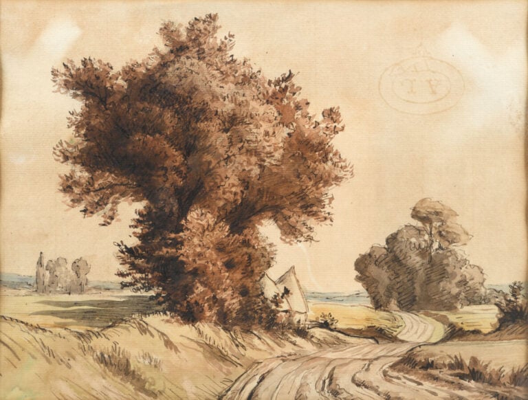 Léon GAUSSON (1860-1944). Chemin dans la campagne. Encre brune et aquarelle sur…