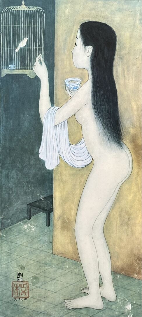 MAI TRUNG THU (1906-1980), d'après - La prière - Reproduction sur soie encadrée…