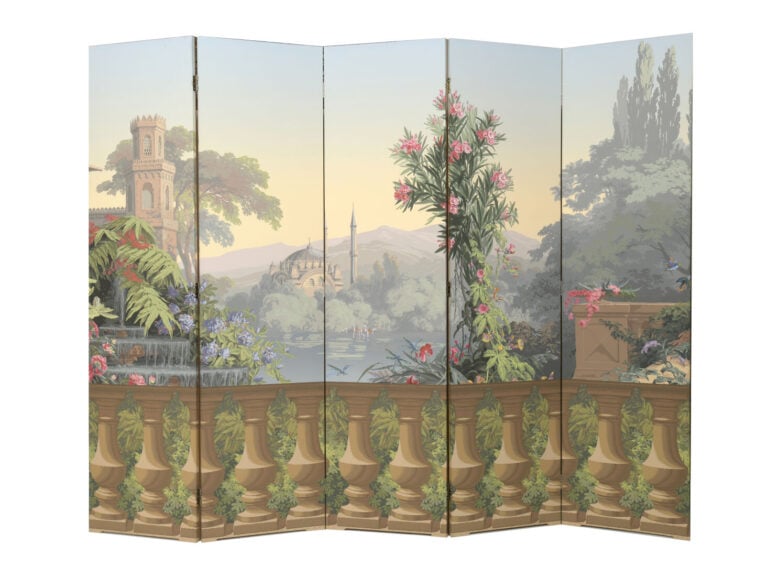 Maison ZUBER à Nice - Paravent à cinq feuilles à décor peint polychrome représe…