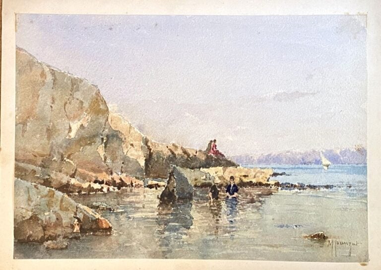 Marius PAUZAT (1832-1909) - Baigneurs - Aquarelle sur papier, collée sur les bo…