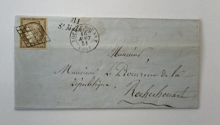 N°1 sur lettre août 1851 oblitération grille et cursive de Saint Mathieu