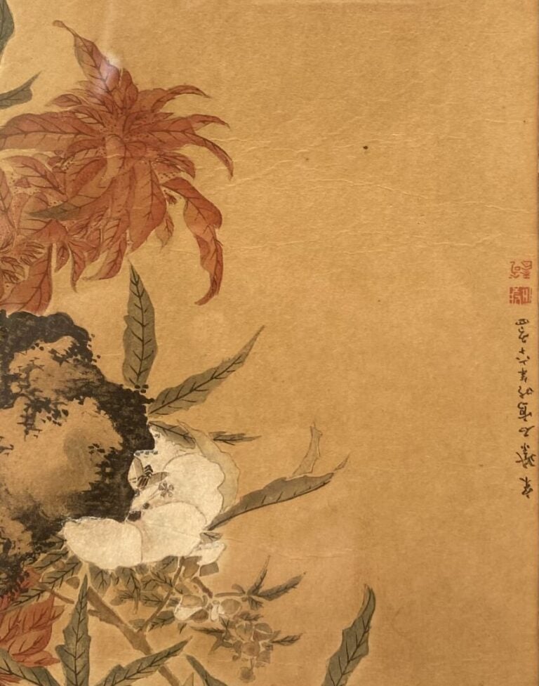 Shiseki SO, d'après - "Hollyhocks" - Gravure rehaussée à l'aquarelle sur papier…