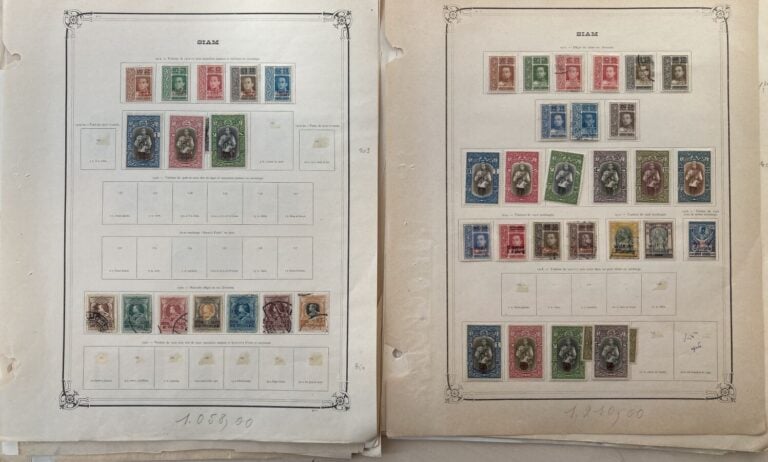 Un lot de timbres du Siam neufs et oblitérés présentés sur plaquettes de ventes…