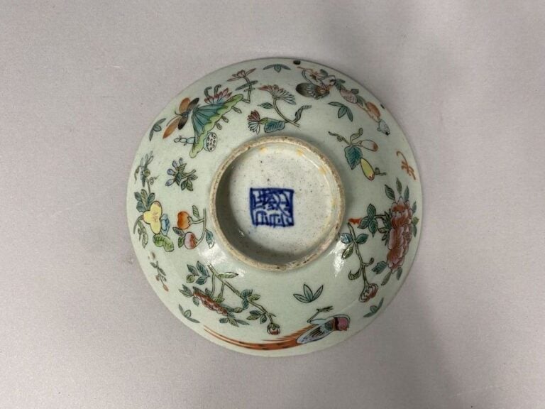 Vietnam - Large bol en porcelaine émaillée à décor de papillons, branchages fle…