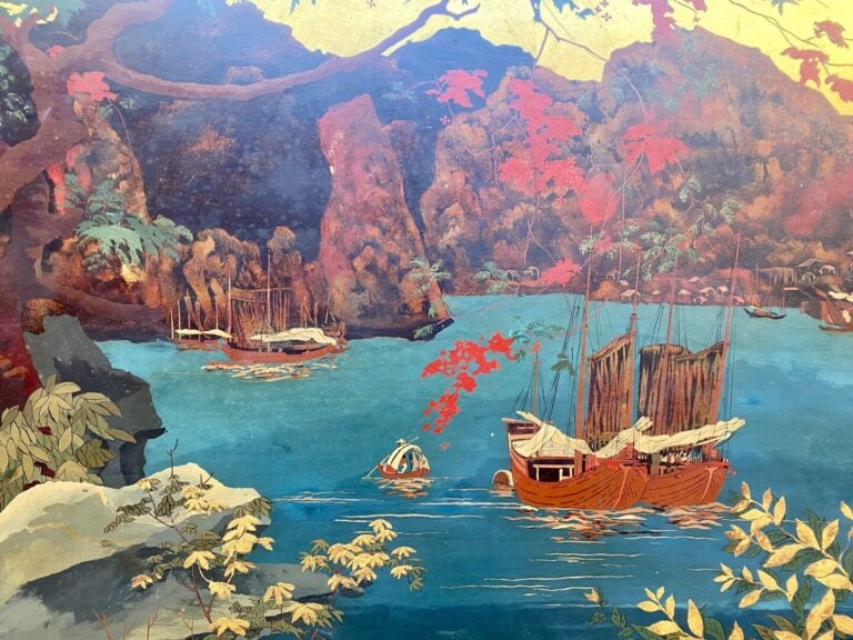 Vietnam - Sampans dans la baie - Panneau en bois laqué - Cachet et Vietnam - 60…